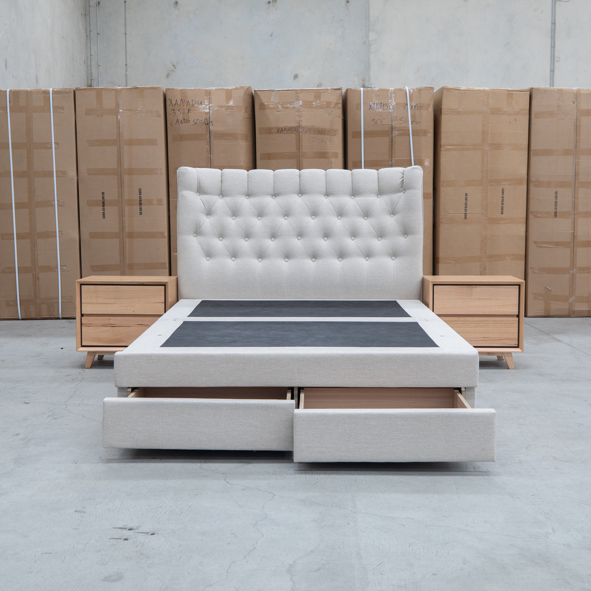 The Blake King Upholstered Gas Lift Storage Bed - Oat White available to purchase from Warehouse Furniture Clearance at our next sale event.