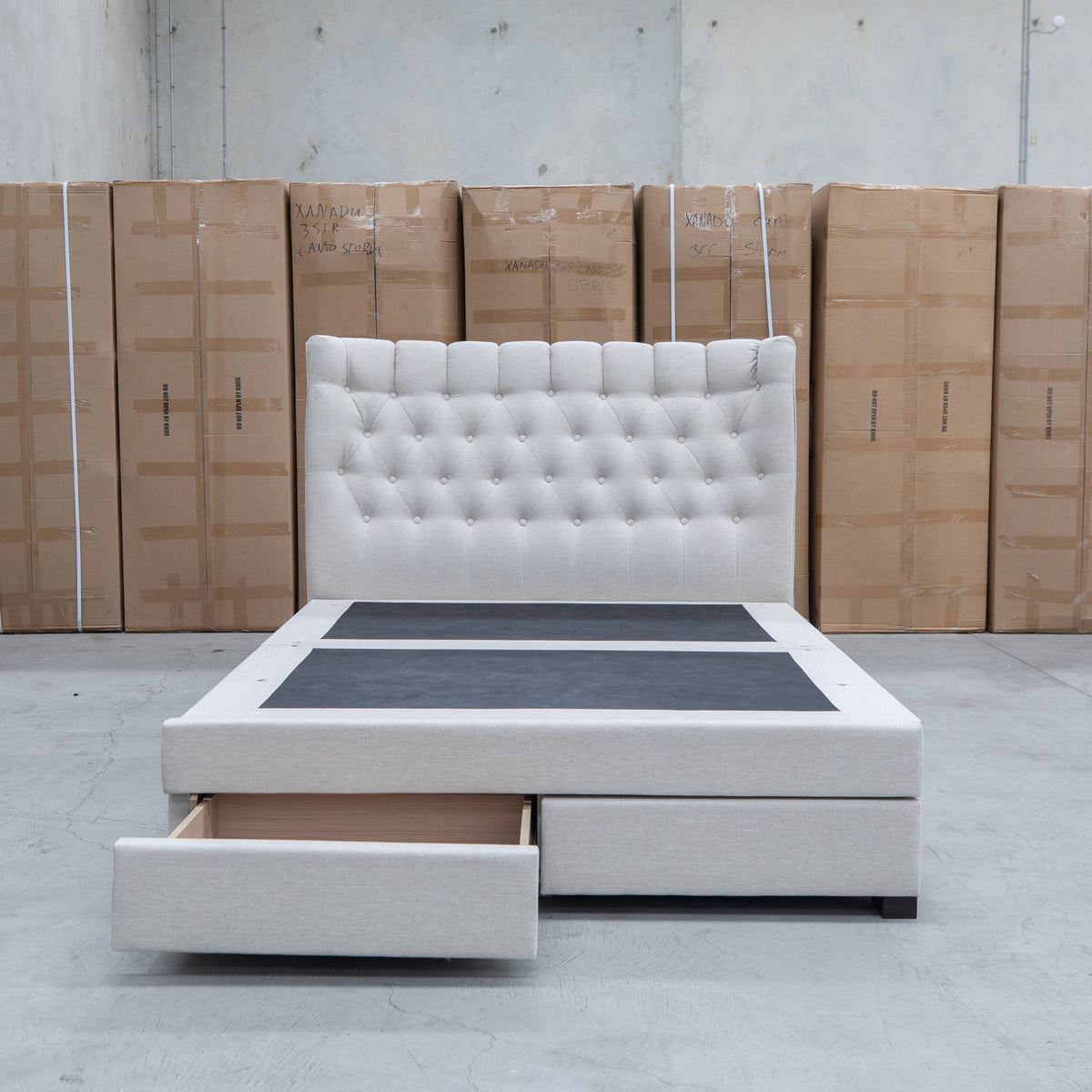 Blake King Upholstered Gas Lift Storage Bed - Oat White - Warehouse Furniture Clearance