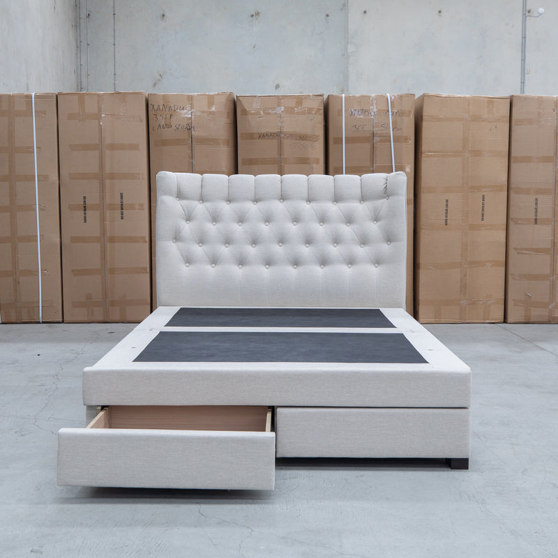 Blake King Upholstered Gas Lift Storage Bed - Oat White - Warehouse Furniture Clearance