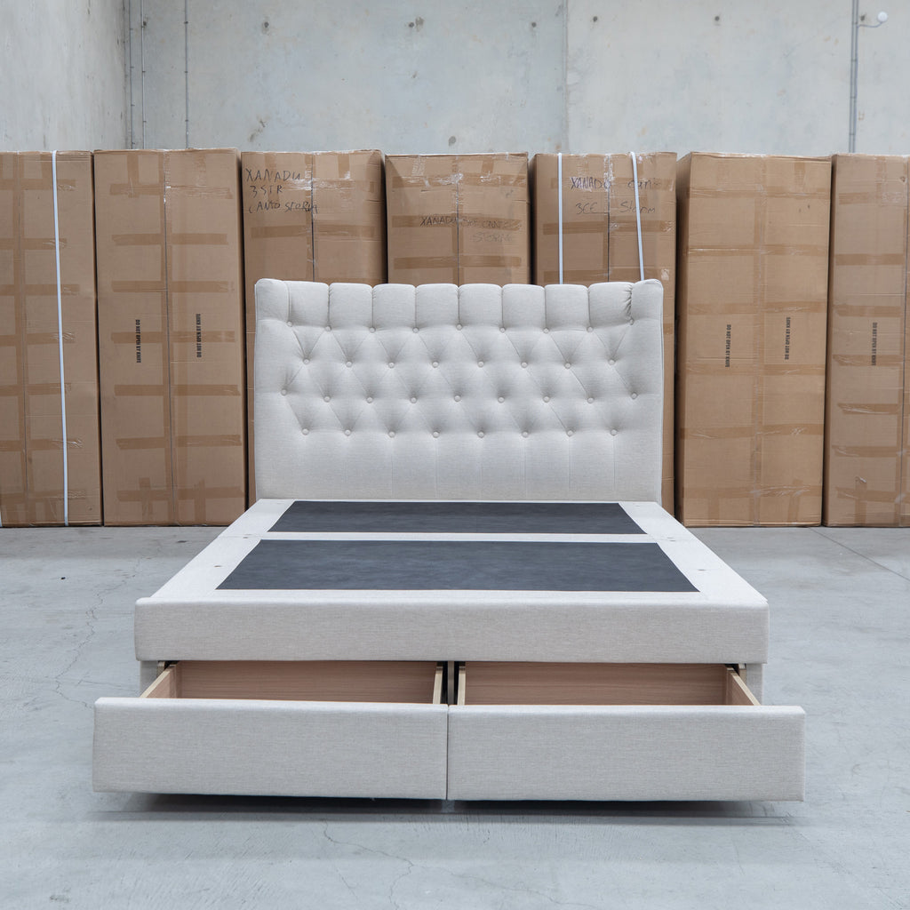 Blake King Upholstered Gas Lift Storage Bed - Oat White - Warehouse Furniture Clearance