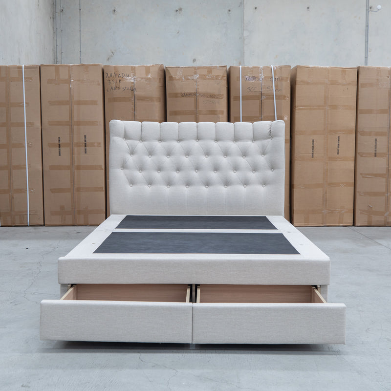 Blake King Upholstered Gas Lift Storage Bed - Oat White - Warehouse Furniture Clearance