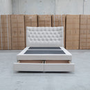 Blake Queen Upholstered Gas Lift Storage Bed - Oat White - Warehouse Furniture Clearance