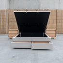 Blake Queen Upholstered Gas Lift Storage Bed - Oat White - Warehouse Furniture Clearance