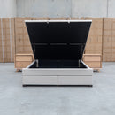 Blake Queen Upholstered Gas Lift Storage Bed - Oat White - Warehouse Furniture Clearance