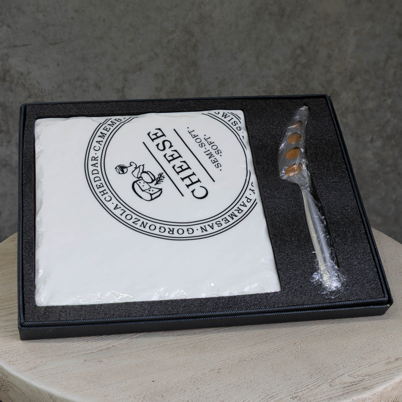 Rectangular Porcelain Cheese Board on Bamboo Base with 1 Knife  - White/Natural - CJ12 - Available In-Store Only - Warehouse Furniture Clearance