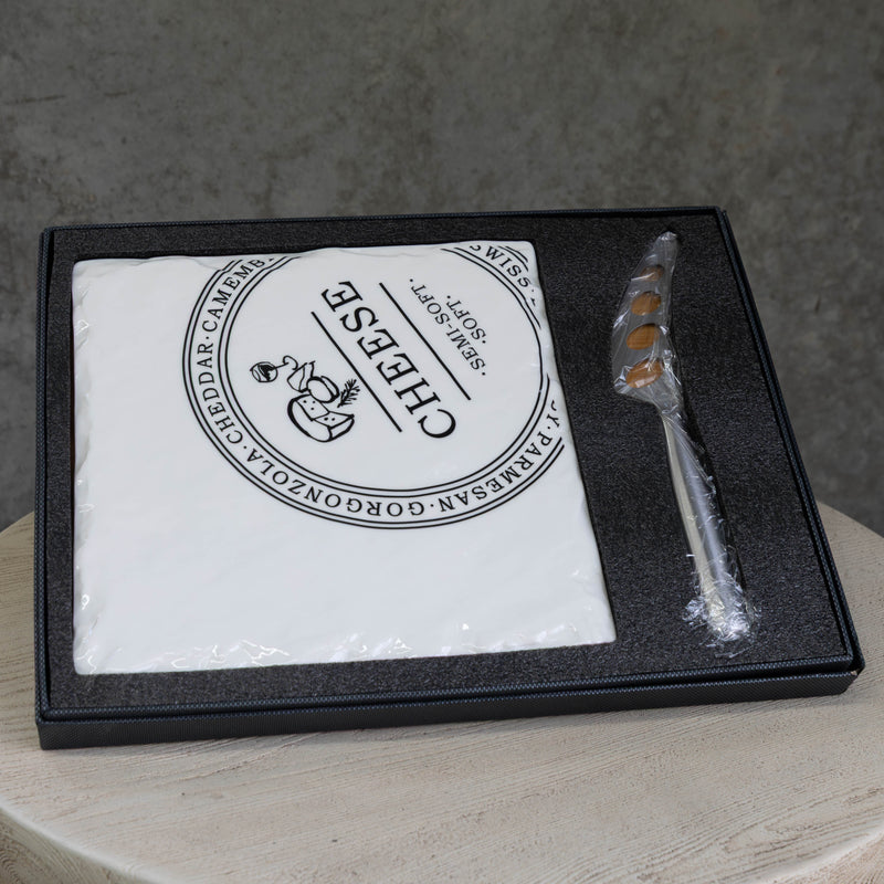 Rectangular Porcelain Cheese Board on Bamboo Base with 1 Knife  - White/Natural - CJ12 - Available In-Store Only - Warehouse Furniture Clearance