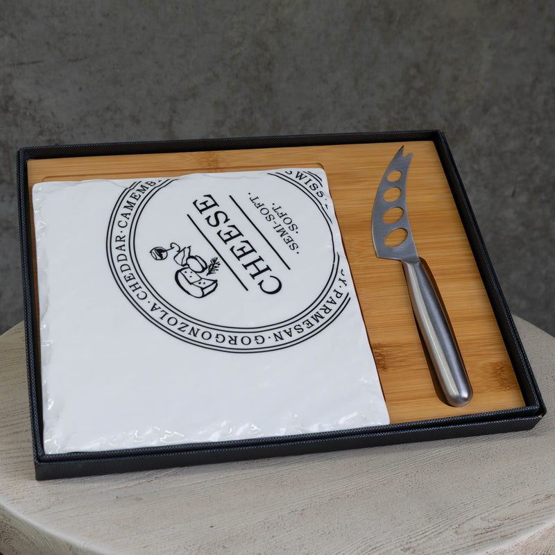 Rectangular Porcelain Cheese Board on Bamboo Base with 1 Knife  - White/Natural - CJ12 - Available In-Store Only - Warehouse Furniture Clearance