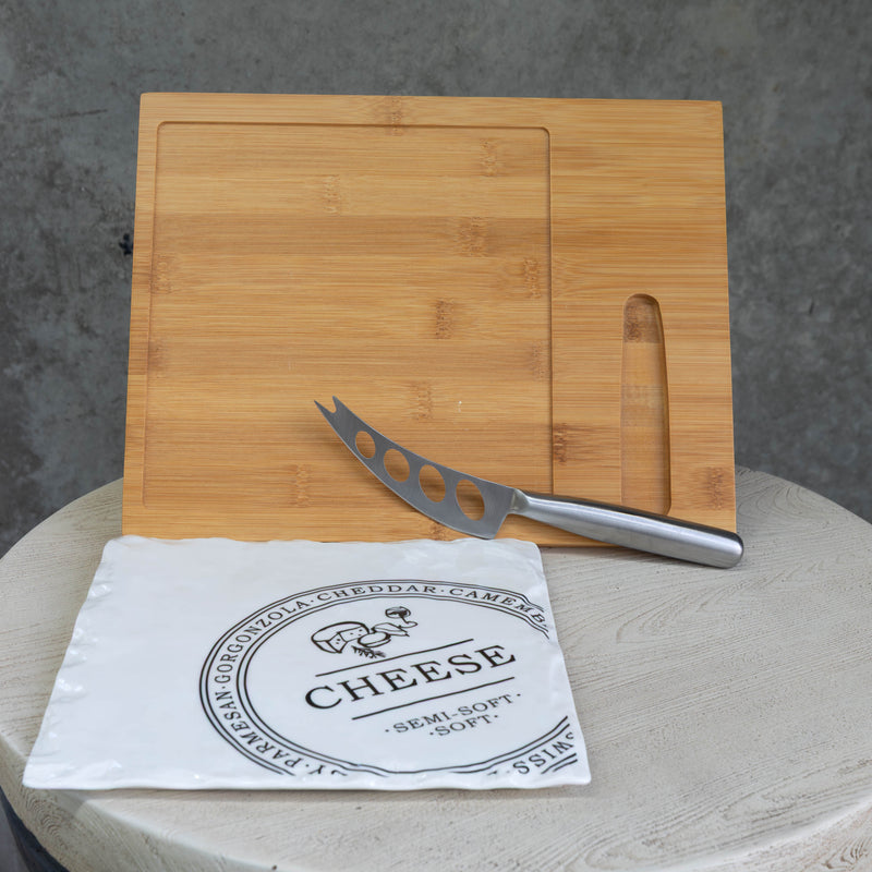 Rectangular Porcelain Cheese Board on Bamboo Base with 1 Knife  - White/Natural - CJ12 - Available In-Store Only - Warehouse Furniture Clearance