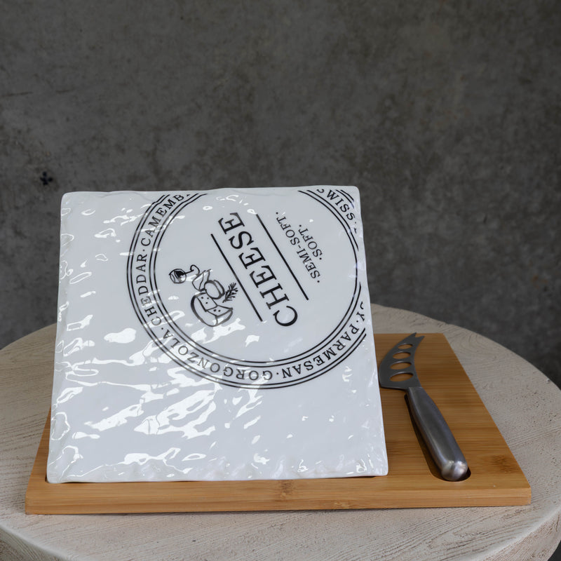 Rectangular Porcelain Cheese Board on Bamboo Base with 1 Knife  - White/Natural - CJ12 - Available In-Store Only - Warehouse Furniture Clearance