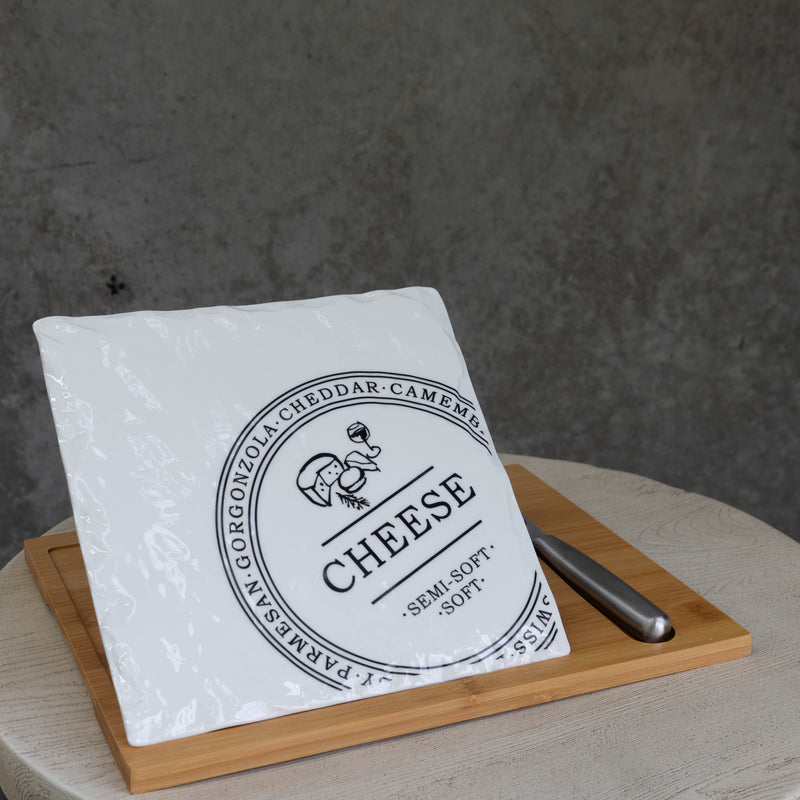 Rectangular Porcelain Cheese Board on Bamboo Base with 1 Knife  - White/Natural - CJ12 - Available In-Store Only - Warehouse Furniture Clearance