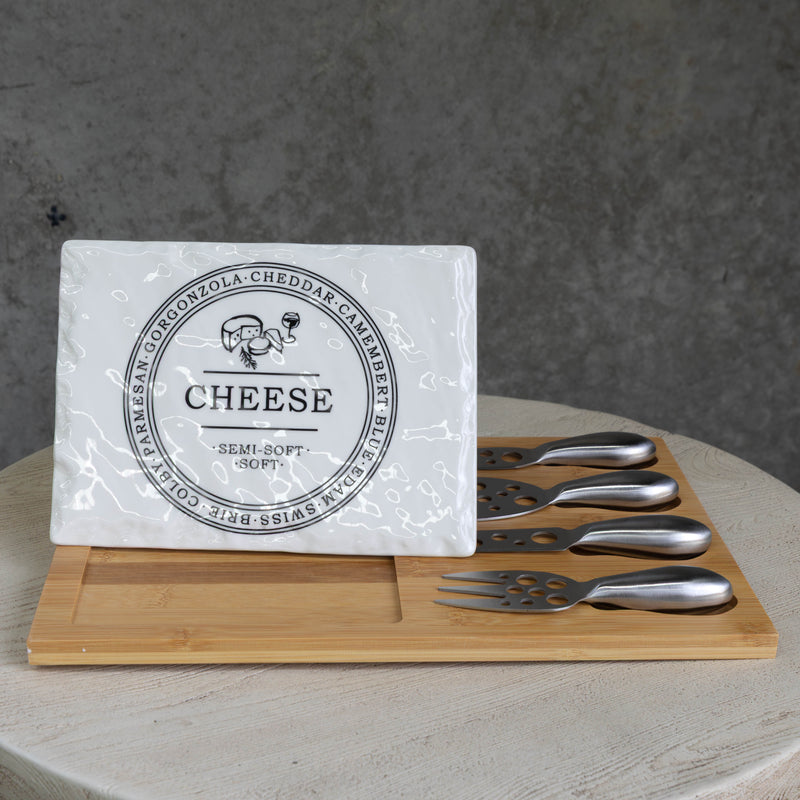 Rectangular Porcelain Cheese Board on Bamboo Base with 4 Knives  - White/Natural - CJ13 - Available In-Store Only - Warehouse Furniture Clearance