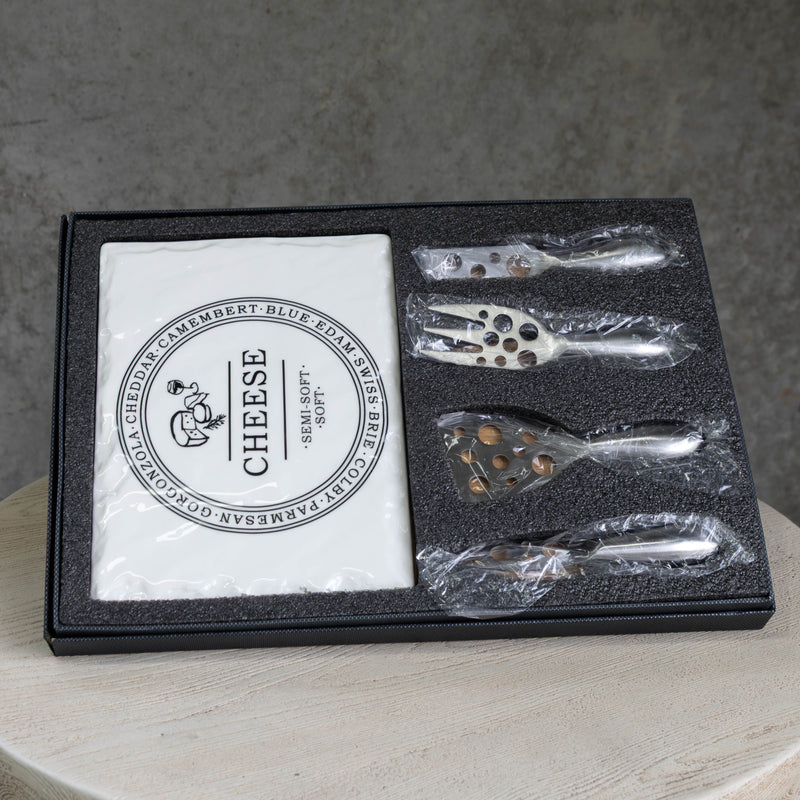 Rectangular Porcelain Cheese Board on Bamboo Base with 4 Knives  - White/Natural - CJ13 - Available In-Store Only - Warehouse Furniture Clearance