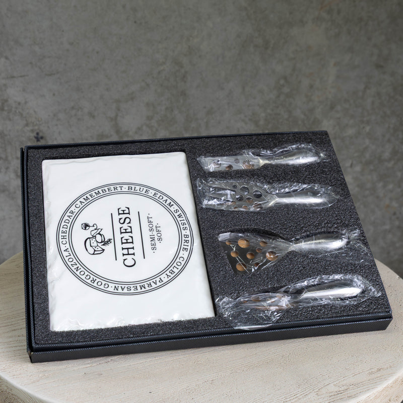 Rectangular Porcelain Cheese Board on Bamboo Base with 4 Knives  - White/Natural - CJ13 - Available In-Store Only - Warehouse Furniture Clearance