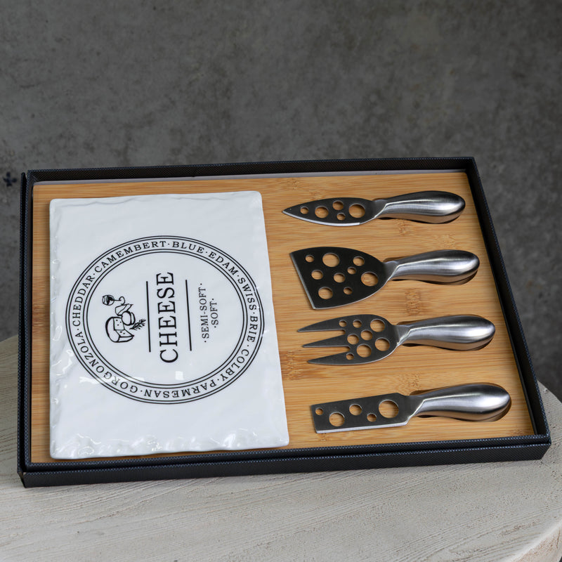 Rectangular Porcelain Cheese Board on Bamboo Base with 4 Knives  - White/Natural - CJ13 - Available In-Store Only - Warehouse Furniture Clearance