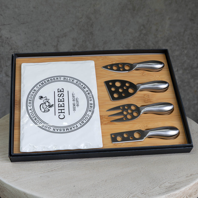 Rectangular Porcelain Cheese Board on Bamboo Base with 4 Knives  - White/Natural - CJ13 - Available In-Store Only - Warehouse Furniture Clearance