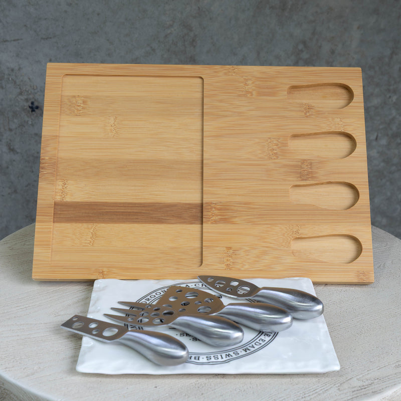 Rectangular Porcelain Cheese Board on Bamboo Base with 4 Knives  - White/Natural - CJ13 - Available In-Store Only - Warehouse Furniture Clearance