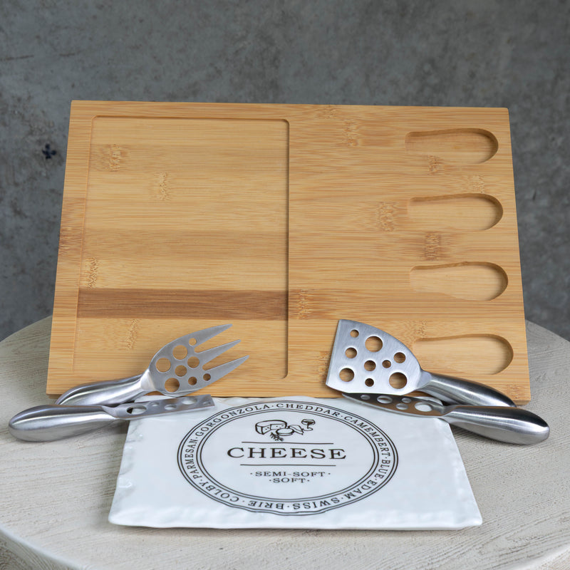 Rectangular Porcelain Cheese Board on Bamboo Base with 4 Knives  - White/Natural - CJ13 - Available In-Store Only - Warehouse Furniture Clearance