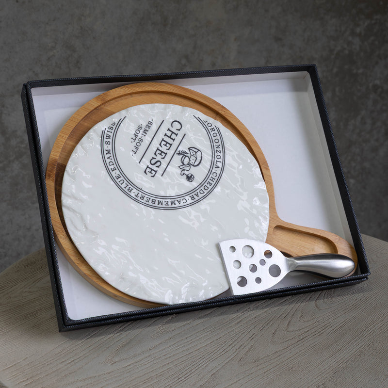 Round Porcelain Cheeseboard on Bamboo Base  - White/Natural - CJ14 - Available In-Store Only - Warehouse Furniture Clearance