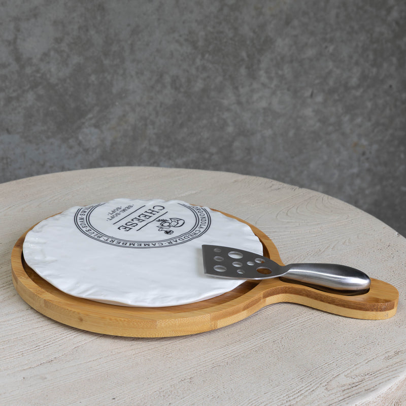 Round Porcelain Cheeseboard on Bamboo Base  - White/Natural - CJ14 - Available In-Store Only - Warehouse Furniture Clearance