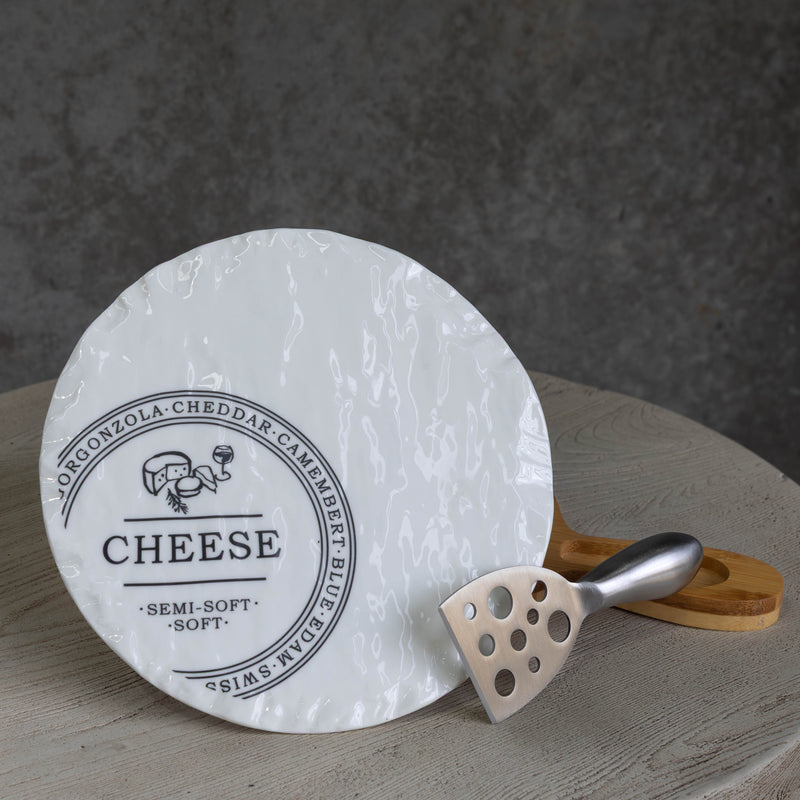 Round Porcelain Cheeseboard on Bamboo Base  - White/Natural - CJ14 - Available In-Store Only - Warehouse Furniture Clearance
