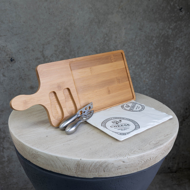Rectangular Porcelain Cheeseboard on Bamboo Base with 2 Knives  - White/Natural - CJ15 - Available In-Store Only - Warehouse Furniture Clearance