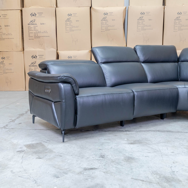 The Cali Electric Leather Corner Recliner Lounge - Black available to purchase from Warehouse Furniture Clearance at our next sale event.