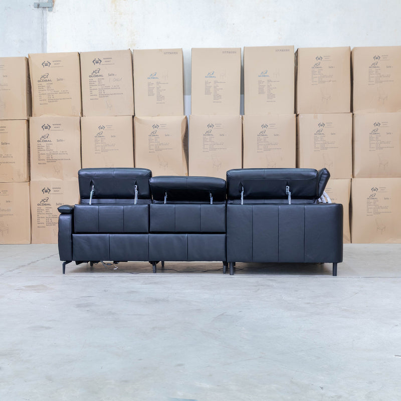 The Cali Electric Leather Corner Recliner Lounge - Black available to purchase from Warehouse Furniture Clearance at our next sale event.