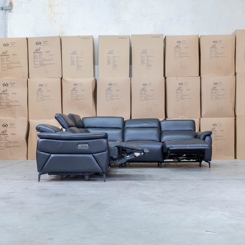 The Cali Electric Leather Corner Recliner Lounge - Black available to purchase from Warehouse Furniture Clearance at our next sale event.