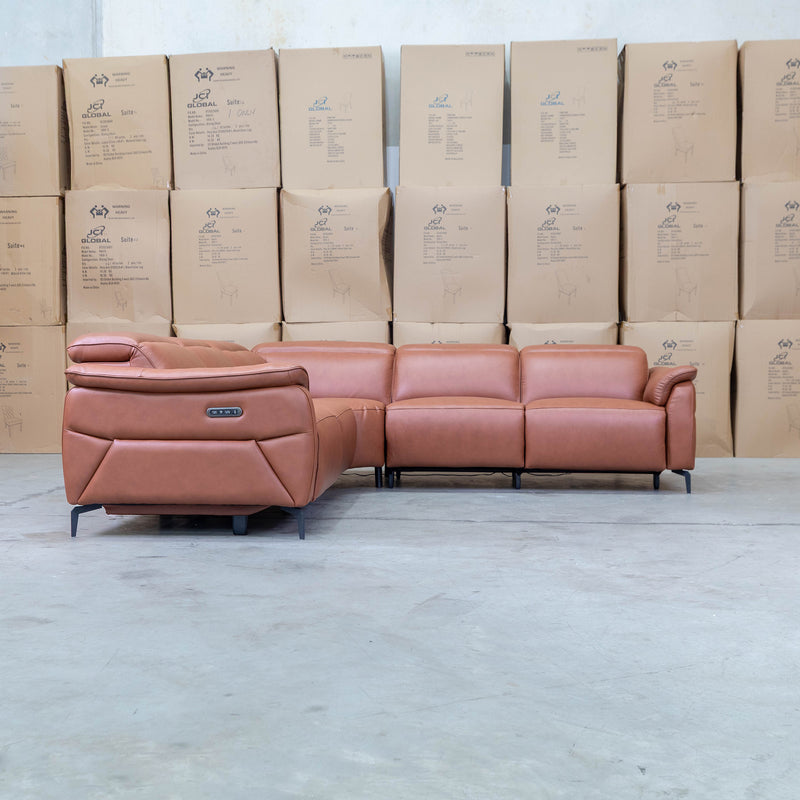 The Cali Electric Leather Corner Recliner Lounge - Cognac available to purchase from Warehouse Furniture Clearance at our next sale event.