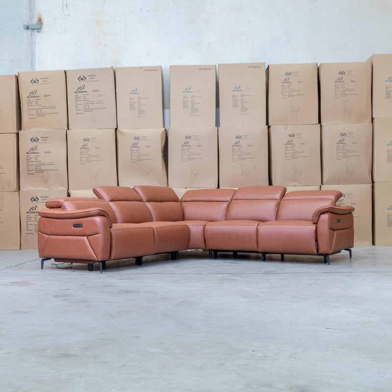 The Cali Electric Leather Corner Recliner Lounge - Cognac available to purchase from Warehouse Furniture Clearance at our next sale event.