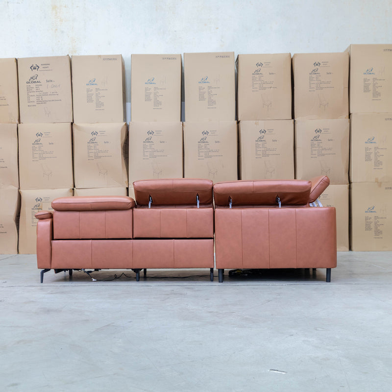The Cali Electric Leather Corner Recliner Lounge - Cognac available to purchase from Warehouse Furniture Clearance at our next sale event.