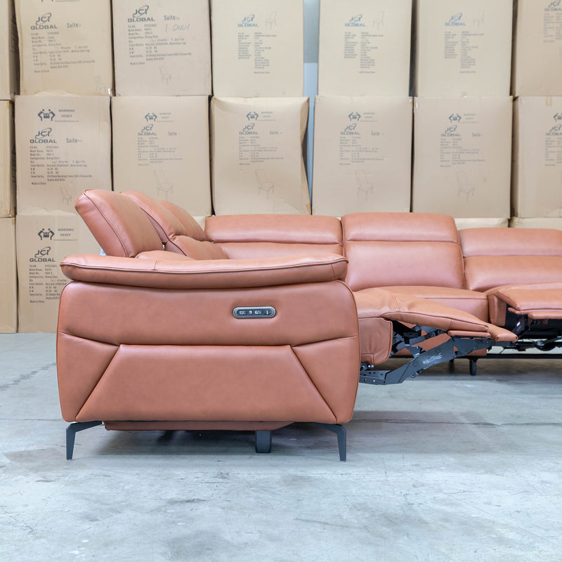 The Cali Electric Leather Corner Recliner Lounge - Cognac available to purchase from Warehouse Furniture Clearance at our next sale event.