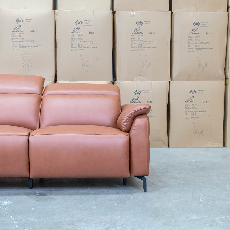 The Cali Electric Leather Corner Recliner Lounge - Cognac available to purchase from Warehouse Furniture Clearance at our next sale event.