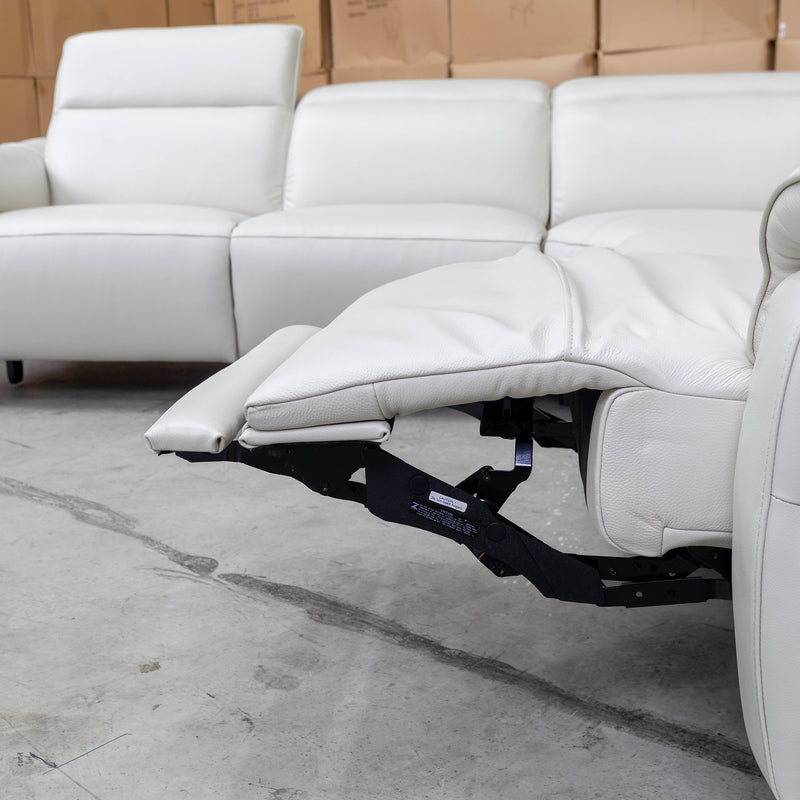 The Cali Electric Leather Corner Recliner Lounge - Bianco available to purchase from Warehouse Furniture Clearance at our next sale event.