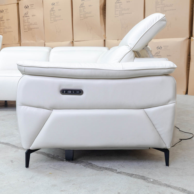The Cali Electric Leather Corner Recliner Lounge - Bianco available to purchase from Warehouse Furniture Clearance at our next sale event.