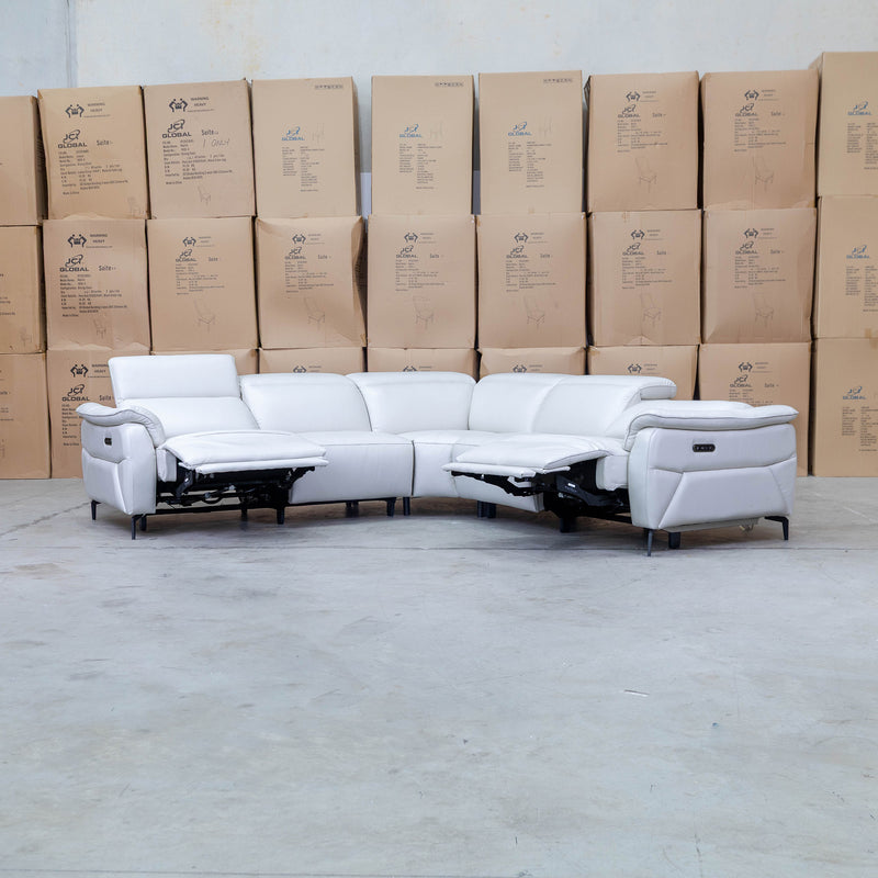 The Cali Electric Leather Corner Recliner Lounge - Bianco available to purchase from Warehouse Furniture Clearance at our next sale event.