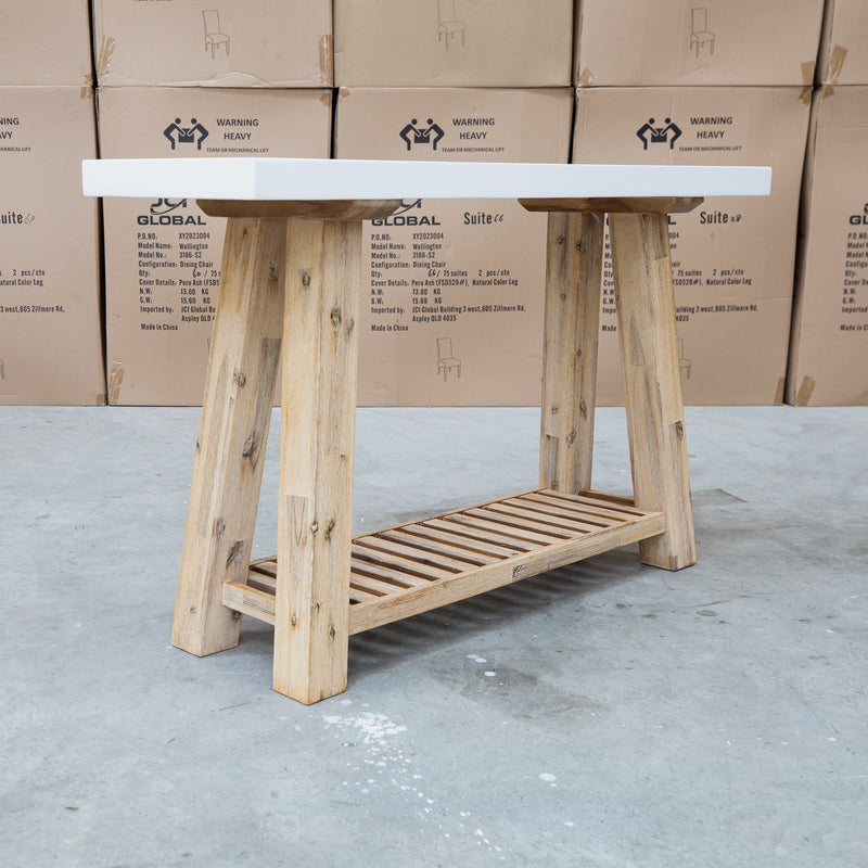 The Casper White Concrete & Acacia Timber Hall Table available to purchase from Warehouse Furniture Clearance at our next sale event.