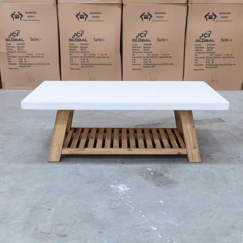 The Casper Rectangle White Concrete & Acacia Timber Coffee Table available to purchase from Warehouse Furniture Clearance at our next sale event.