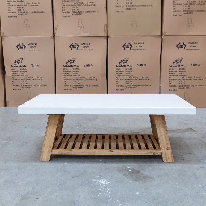 The Casper Rectangle White Concrete & Acacia Timber Coffee Table available to purchase from Warehouse Furniture Clearance at our next sale event.
