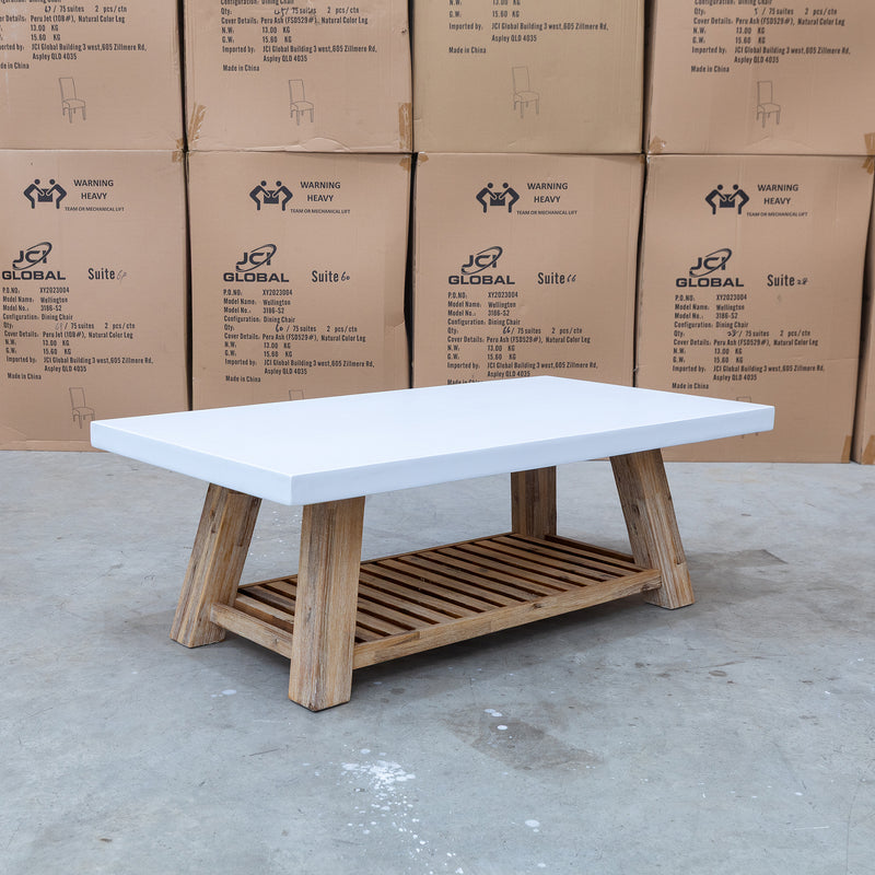 The Casper Rectangle White Concrete & Acacia Timber Coffee Table available to purchase from Warehouse Furniture Clearance at our next sale event.