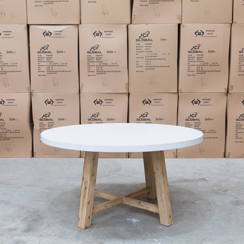 The Casper 150cm Round White Concrete Dining Table available to purchase from Warehouse Furniture Clearance at our next sale event.
