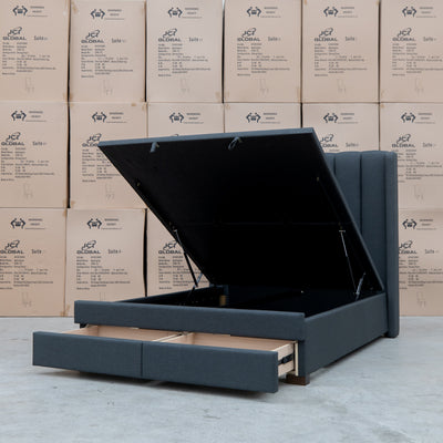 The Chester King Fabric Gas Lift Storage Bed - Charcoal available to purchase from Warehouse Furniture Clearance at our next sale event.