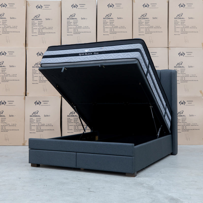 The Chester King Fabric Gas Lift Storage Bed - Charcoal available to purchase from Warehouse Furniture Clearance at our next sale event.