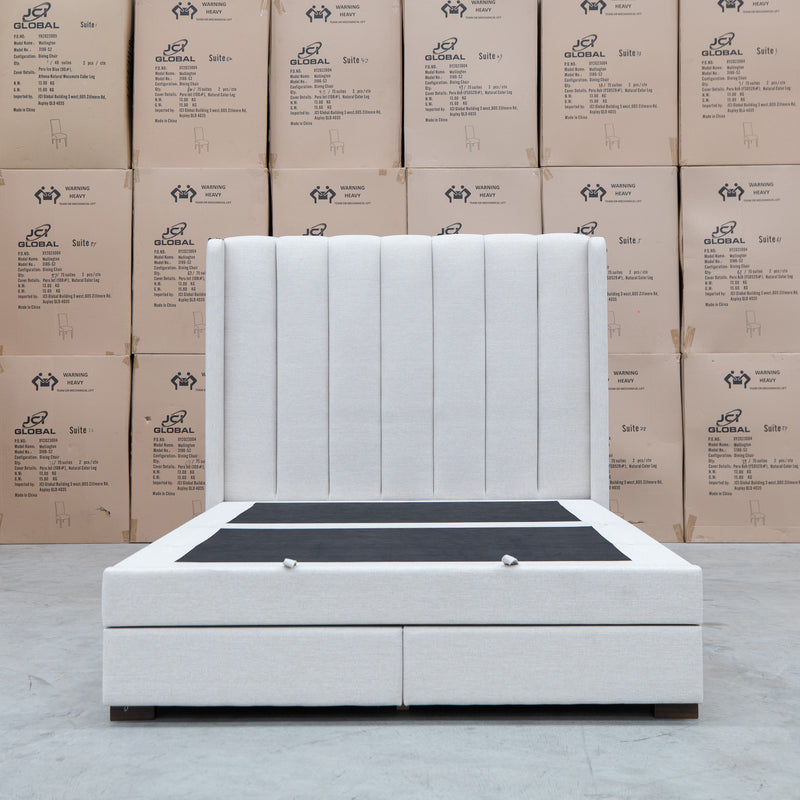 The Chester King Fabric Gas Lift Storage Bed - Oat White available to purchase from Warehouse Furniture Clearance at our next sale event.