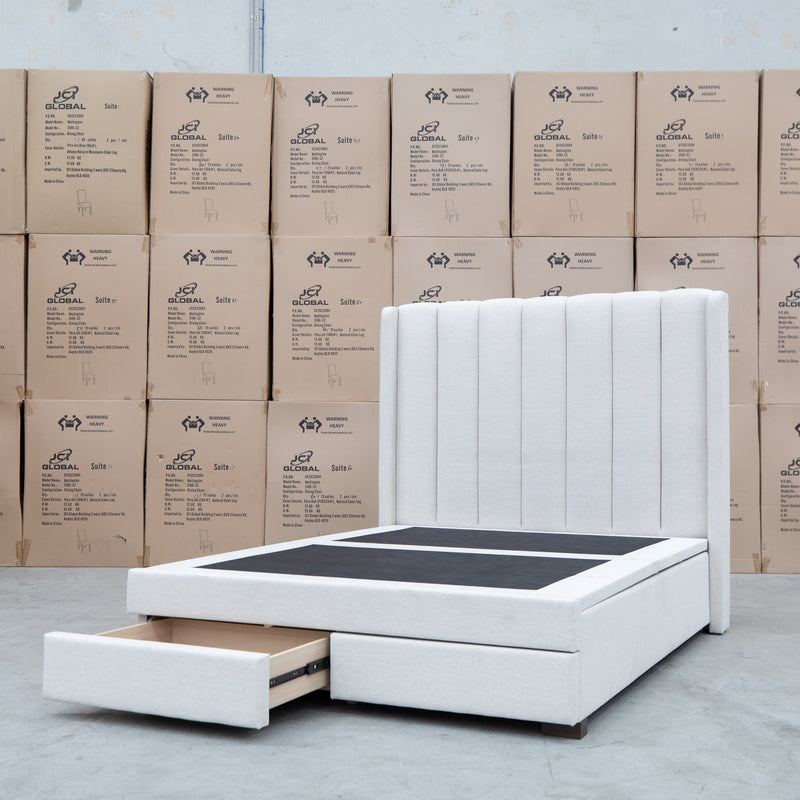 The Chester King Fabric Gas Lift Storage Bed - Oat White available to purchase from Warehouse Furniture Clearance at our next sale event.