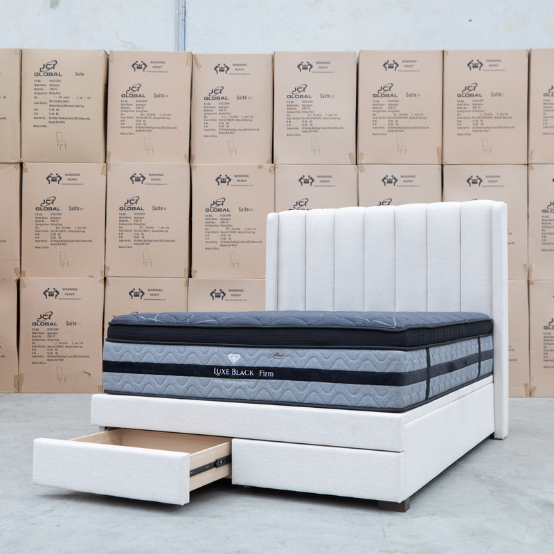 The Chester King Fabric Gas Lift Storage Bed - Oat White available to purchase from Warehouse Furniture Clearance at our next sale event.