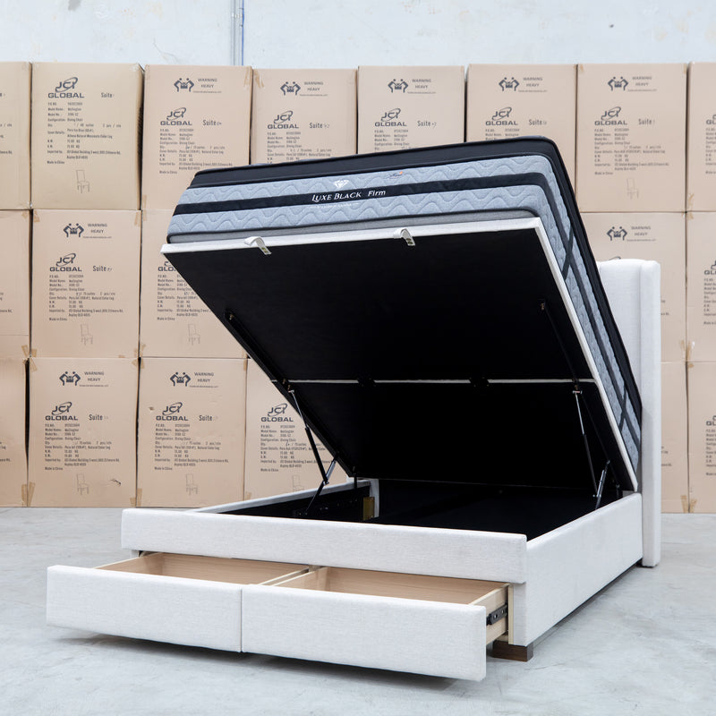 The Chester King Fabric Gas Lift Storage Bed - Oat White available to purchase from Warehouse Furniture Clearance at our next sale event.