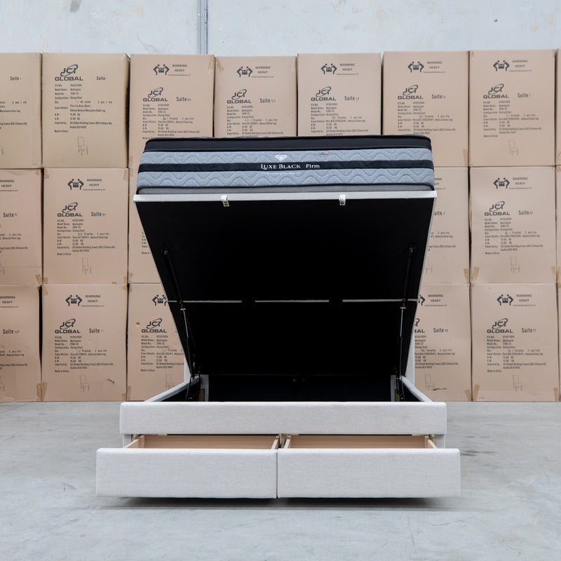 The Chester King Fabric Gas Lift Storage Bed - Oat White available to purchase from Warehouse Furniture Clearance at our next sale event.