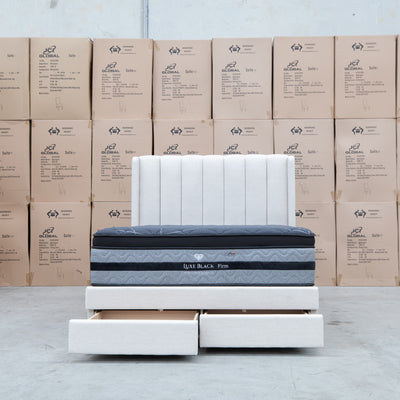 The Chester King Fabric Gas Lift Storage Bed - Oat White available to purchase from Warehouse Furniture Clearance at our next sale event.