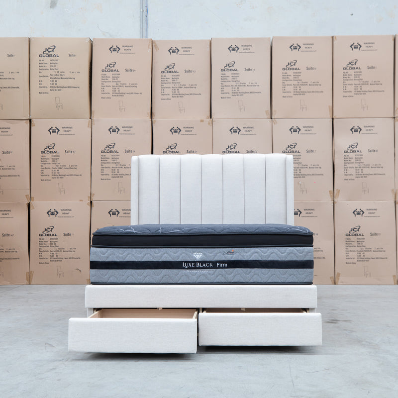 The Chester King Fabric Gas Lift Storage Bed - Oat White available to purchase from Warehouse Furniture Clearance at our next sale event.